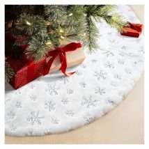 Cyslmuk - Jupe de sapin de Noël Tapis en fausse fourrure avec broderie de flocons de neige Décoration de sapin de Noël argenté pailleté 78cm