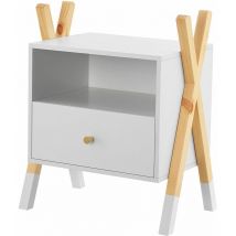 Kinder Nachttisch Jamie - mit Schublade, Ablage & offenem Fach - kleiner Nachtschrank aus Holz - Nachtkästchen klein - Kommode Weiß Natur - Juskys