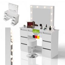 Schminktisch Talea und Hocker Tonia mit LED-Spiegel, 7 Schubladen, Licht dimmbar, modern & kompakt, viel Stauraum – Weiß - Juskys