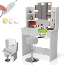Schminktisch Zoey & Hocker Tonia, LED-Spiegel, Melamin-Oberfläche, viel Stauraum durch Schublade & Regale, modern & kompakt – Weiß - Juskys