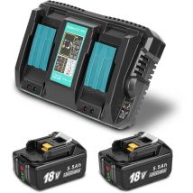 JYJZPB DC18RD Chargeur Rapide à Double Port et 5,5Ah Batterie Compatible pour Makita 18V BL1860B BL1860 BL1850 BL1845 BL1840B BL1840 BL1835 BL1830B