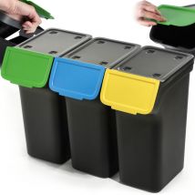 Cubo de basura con tapa, cubo de plástico, para clasificar residuos, rectangular con tapa abatible (negro, 3 x 25 l) - Kadax