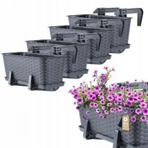 Jardinière Suspendue Extérieure 40 cm, Balconnière en Plastique Aspect Rotin avec Supports de Fixation Intégrés et Soucoupe (Graphite, Lot de 4)