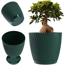 KADAX Maceta con platillo, forma de onda tridimensional, plástico, maceta decorativa para flores, cactus y hierbas (27 cm, verde)