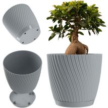 Pot de fleurs avec soucoupe - En forme de vague en trois dimensions - En plastique - Pot décoratif pour fleurs, cactus et herbes (23 cm, gris) - Kadax