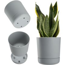 Pot de fleurs avec soucoupe - Pot de fleurs en plastique - Pot de fleurs minimaliste - Pot décoratif pour fleurs, cactus et herbes (13 cm, gris)