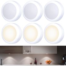 Shmshng - Lot de 6petits spots led tactiles, adhésifs, à piles, intérieur, armoires, armoires, armoires de cuisine, blanc chaud