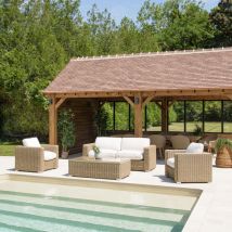 Kally - Salon de jardin 5 places en rotin synthétique taupe