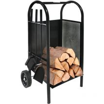 Kaminholzwagen mit Kaminbesteck 3-teilig Schaufel, Besen, Schürhaken, Kaminwagen