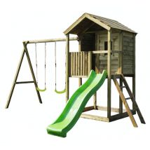 Aire de jeux en bois avec cabane sur pilotis wapiti- Balançoires, toboggan, cabane avec balcon - Kangui