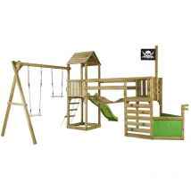 Aire de jeux pirate en bois willi avec vigie - Balançoire, trapèze, toboggan, mur d'escalade, cabane sur plateforme, pont suspendu - Kangui