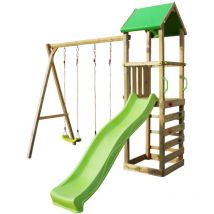 Portique bois enfant avec tobogan, balançoires, escalade et cabane walli - Kangui