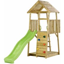 Tour de jeux en bois Wiki - Toboggan, mur d'escalade, cabane, échelle et grand bac à sable - Kangui
