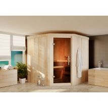 Sauna Jarin mit Eckeinstieg Innensauna 3 Sitzbänke aus Holz , Saunakabine mit 68 mm Wandstärke Dampfsauna Naturbelassen - Karibu