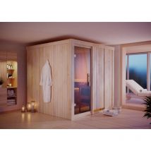 Karibu - Sauna Rodin mit Fronteinstieg Innensauna 3 Sitzbänke aus Holz , Saunakabine mit 68 mm Wandstärke Dampfsauna Naturbelassen