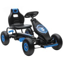 Kart à pédales enfant Go kart Formule 1 Racing Super Power 5 aileron avant pneus gonflables caoutchouc noir bleu