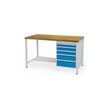 Kastenwerkbank Breite 1500 mm, R18-24, 5 x Schublade, Stahlfachboden halbe Tiefe Maße in mm (BxTxH): 1500 x 750 x 959