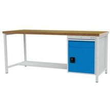 Kastenwerkbank Breite 2000 mm, R18-24, 1 x Schublade, 1 x Flügeltüre, 1 x Stahlfachboden halbe Tiefe Maße in mm (BxTxH): 2000 x 750 x 859