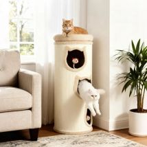 Katzenkratzturm Mit 3 Nischen, 3 Spielzeugen Und Oberkorb – Sisal Und Beigem Plüsch