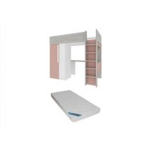 Vente-unique - Hochbett mit Schreibtisch & Kleiderschrank + Matratze - 90 x 200 cm - Rosa & Weiß - nicolas