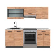 Küchenzeile R-Line, Goldkraft Eiche/Anthrazit, 200 cm , ap Marmor Vicco