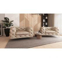 S-style Möbel - Kela - Chesterfield Sessel mit Goldene Metall Füßen aus Beige Samtstoff