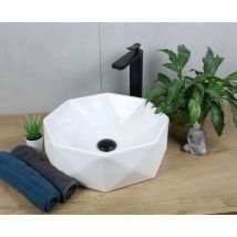 Keramik Waschbecken rund ø 420 x 135 weiß ohne Überlauf Aufsatzwaschbecken Diamant mit Pop-Up Ablauf chrom