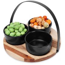 Keramik-Snackschalen-Set mit Akazienholz-Tablett – 3 Tassen – Schwarz – 9 x 4 cm – Ideal für Dips, Käse, Oliven – Elegantes Design