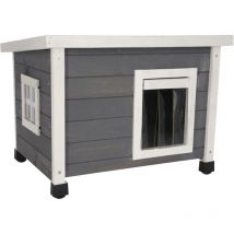 Casetta per gatti Rustica (casetta per gatti in legno, bianco/grigio, porta basculante con doghe, finestra in plexiglas, piedini in plastica