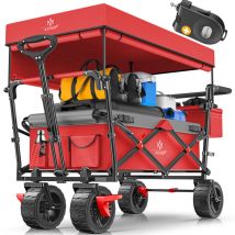 Bollerwagen faltbar GT9000 mit Dach Handwagen Transportwagen inkl. 2x 3-Punkt Gurtsystem klappbar Vollgummi-Reifen bis 80 kg Rot / Grau - Kesser