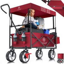 Bollerwagen faltbar mit Dach Handwagen Transportkarre Gerätewagen inkl. 2 Netztaschen und Einer Außentasche klappbar Vollgummi-Reifen Bordeaux