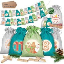 Calendrier de l'Avent à remplir 24 sacs en jute Imprimé Sacs en tissu Calendrier de Noël pour enfants à remplir soi-même Incl. 24x étiquettes 14x10cm