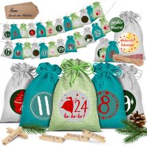 Calendrier de l'Avent à remplir 24 sacs en jute Imprimé Sacs en tissu Calendrier de Noël pour enfants à remplir soi-même Incl. 24x petites étiquettes