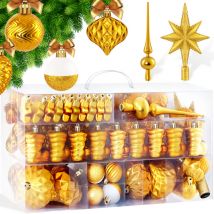 Boules de Noël 101 pièces avec pointe d'arbre Boules de Noël en plastique incassable avec plastique Boules de Noël Boîte Sapin de Noël Or - Kesser