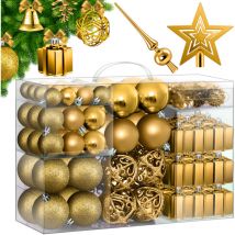 Boules de Noël set de 102 boules avec pointe en plastique incassable avec plastique Boîte de boules de Noël Or - Kesser