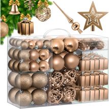Boules de Noël Set de 102 pièces avec pointe d'arbre Boules de Noël en plastique Incassables avec plastique Boules de Noël Boîte Arbre de Noël