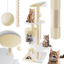 LOVPET Albero tiragraffi per gatti con steli in sisal stabile con grotta palline da gioco play sisal & play rope altezza 112cm beige / bianco