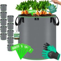Pflanzsack 40 Liter - 10er Set aus Vlies mit Namensschildern, Sichtfenster & Griffen – ideal für Gemüse, Blumen & Obst - Grau - Kesser