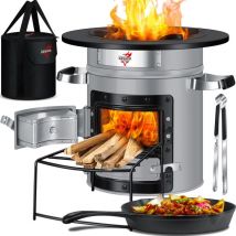 Poêle-fusée avec poêle en fonte et sac de transport Poêle hollandais bbq fusée four à bois camping cuiseur camping grill Acier inoxydable Gris