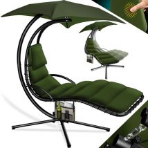 Schwebeliege mit Sonnenschirm Hängeliege Sonnenliege H200 L194 B100 cm Relaxliege Schaukelliege Hängematte bis 120 kg belastbar Khaki - Kesser