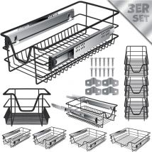 Tiroir télescopique Tiroir de cuisine Armoire de cuisine Coulisse à panier Coulisse à armoire Tiroir à extension totale 3x 30cm - Noir - Kesser