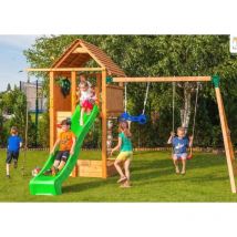 Fungoo Spielturm 'Fortress Move+', teak, mit Rutsche, Kletterwand, Leiter, Holzdach und Doppelschaukel
