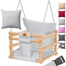 Balançoire bébé Siège de balançoire avec rembourrage Balançoire en bois avec anti-bascule jusqu'à 60KG Réglable en hauteur Intérieur & Extérieur Gris