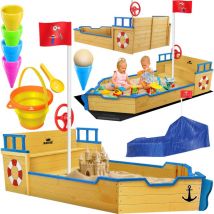 Arenero Ahoy - barco pirata velero de madera incl. cubierta suelo banco asta juguete de arena azul - Kidiz