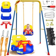 Babyschaukel mit Gestell 3-in-1 Indoor & Outdoor Kinderschaukel mit Metallständer höhenverstellbar Schaukelgestell + 4 Sandsäcke & Sicherheitsgurt