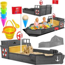Kidiz - Bac à sable Ahoi - Bateau pirate Bateau à voile en bois Avec couvercle Plancher Banc Mât de drapeau Jouets de sable Anthracite