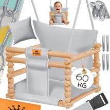 Columpio de bebé Columpio para niños Asiento de columpio con acolchado Columpio de madera con antivuelco hasta 60KG Ajustable en altura para interior