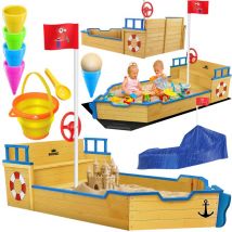 Kidiz - Sandkasten Ahoi - Piratenschiff Boot Segelschiff aus Holz Inkl. Abdeckung Bodenplane Sitzbank Flaggenmast Sandspielzeug Blau