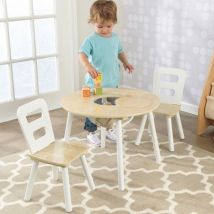 Set Tavolo Rotondo Bianco Con 2 Sedie In Legno Per Bambini, Tavolino Con Tascha Portaoggetti, Mobili Per Cameretta E Sala Giochi Per Bambini, 27027 - 