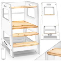 Kiduku - Lernturm Weiß/Holz-Naturell aus Holz ab 1 Jahr mit 4 Stück Antirutsch Pads Montessori Kinder-Schemel für Kinder Lerntower für höchste